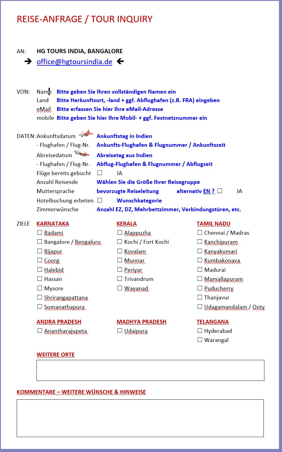 Ihr interaktives Anfrageformular zum Versand per eMail