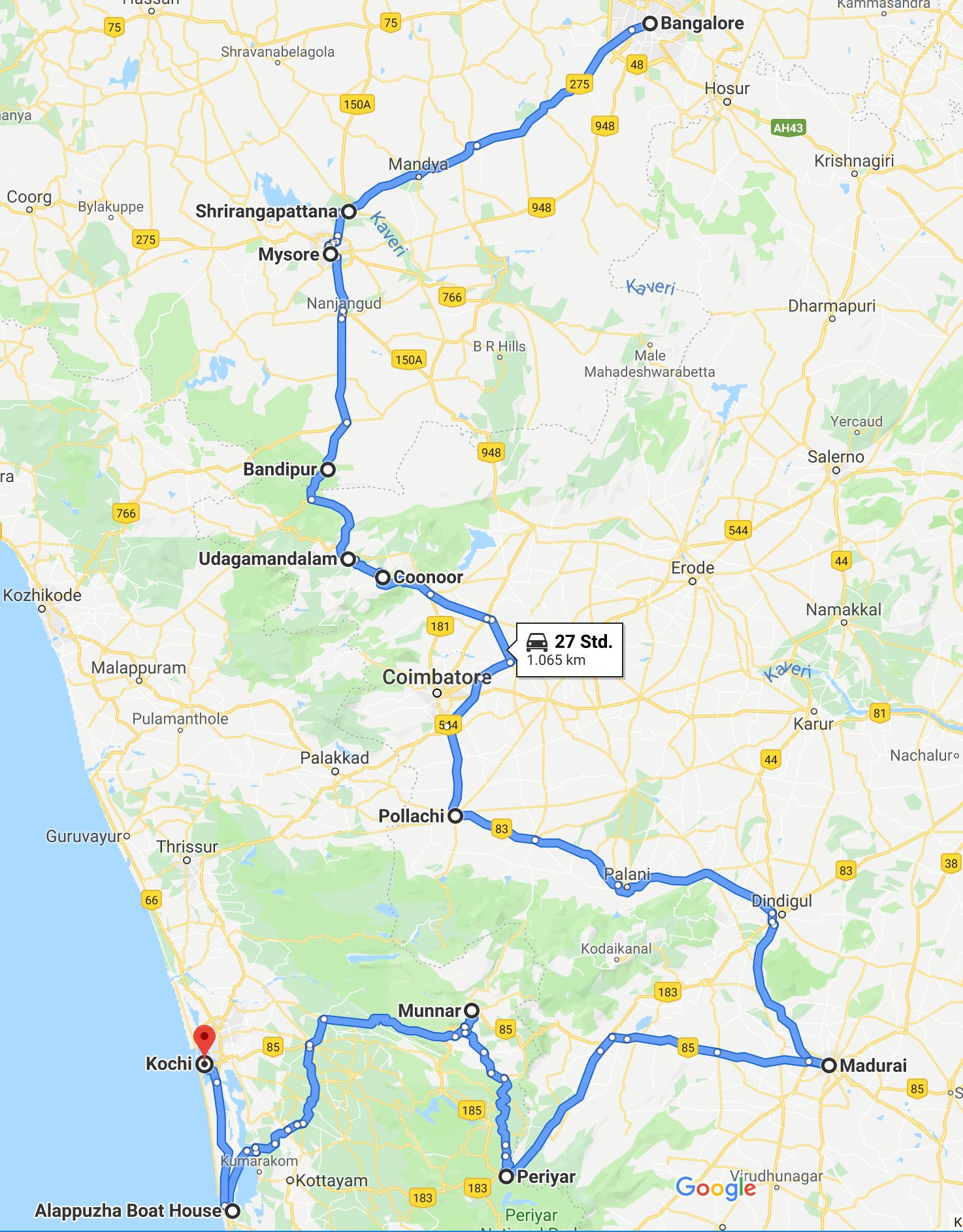 Routendarstellung Bangalore - Kochi (Südwestindien in 14 Tagen)