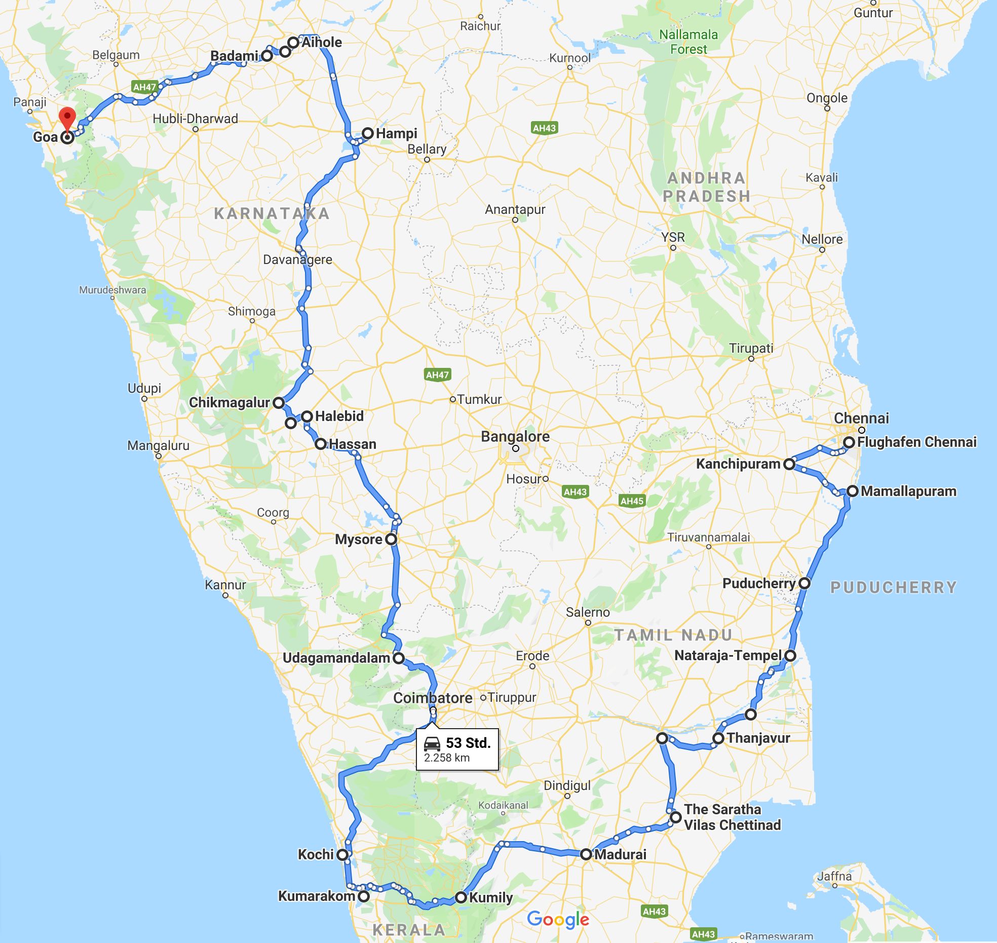 Route von Chennai nach Goa (Südindien Tour)